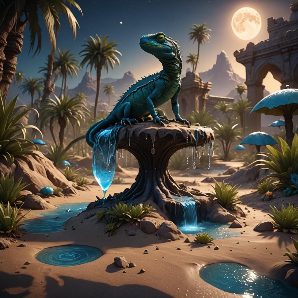 Desert Oasis Under Blue Moon: Detailed Matte Painting