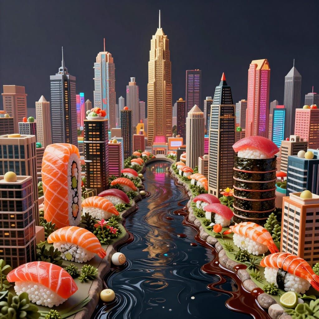 Fantastical Nigiri Sushi Cityscape with Soy Sauce River