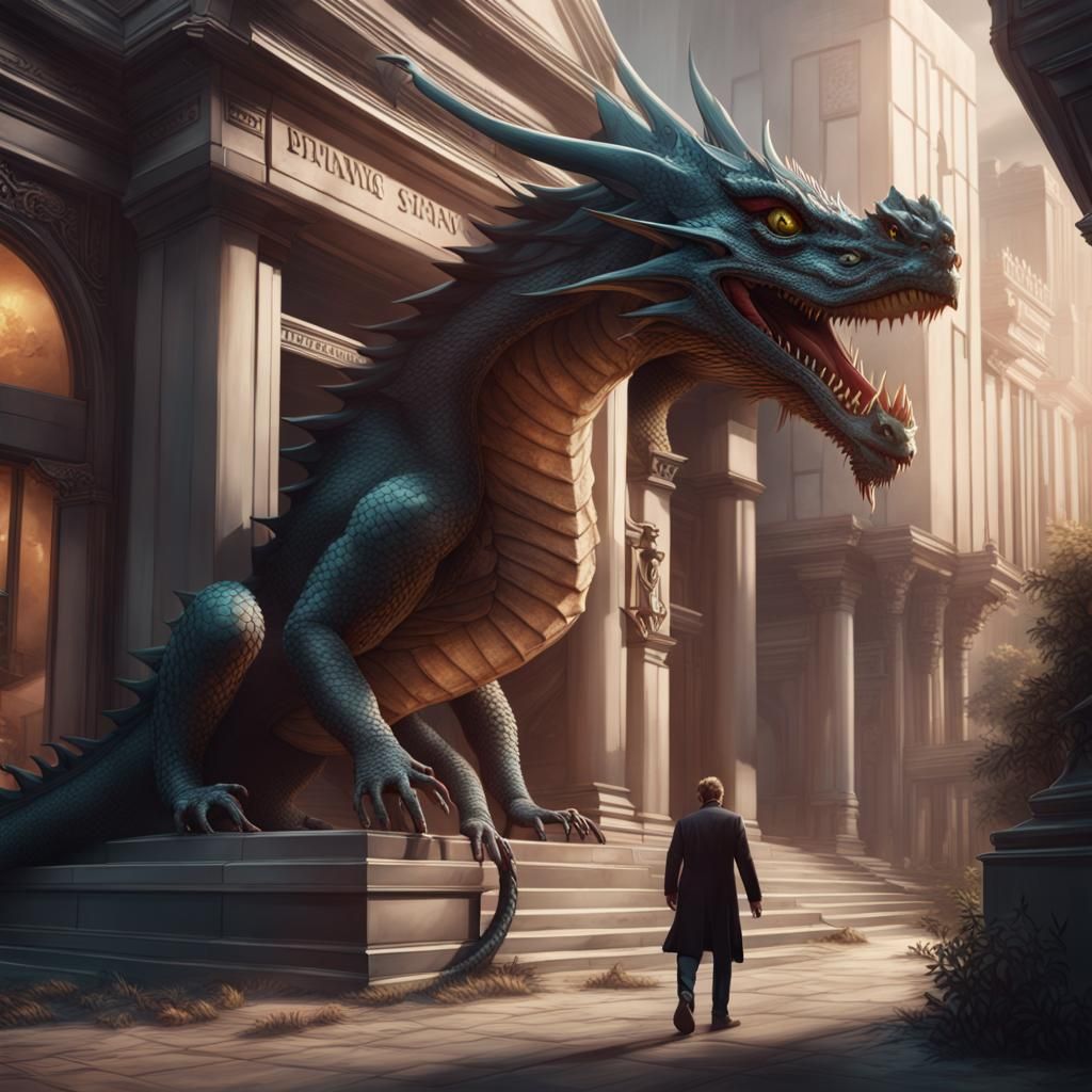 Dragon Guards Bank from Robber: Fantasy Art