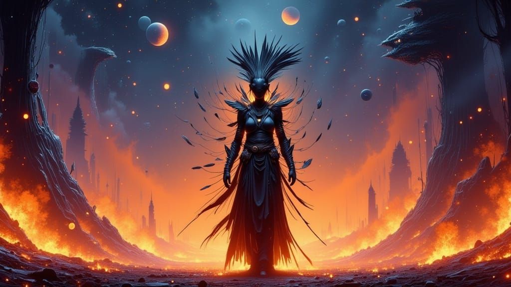 Alien Shaman Fire Dance Ritual in Nebula Sky