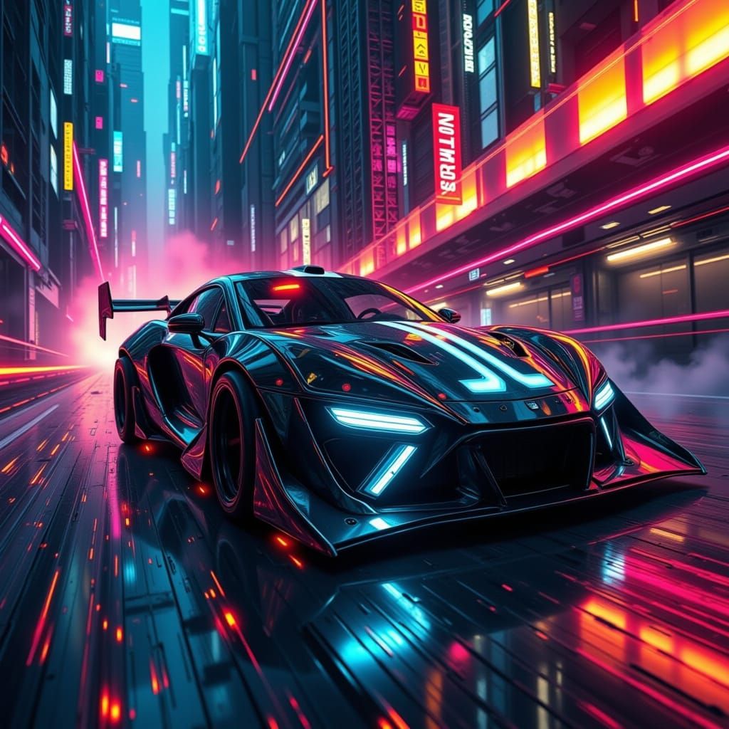 High-Tech Racer Zooms Down Neon Highway