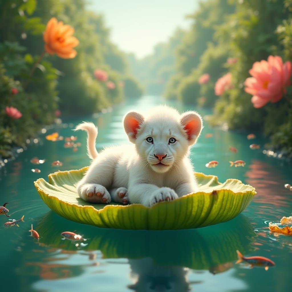 Surreal Lion Cub Floats Down a River of Vibrant Flowers