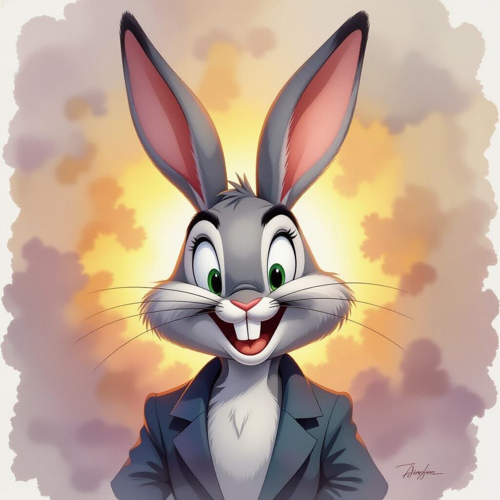 Hyperrealistic Watercolor Bugs Bunny Portrait in Romantic St...