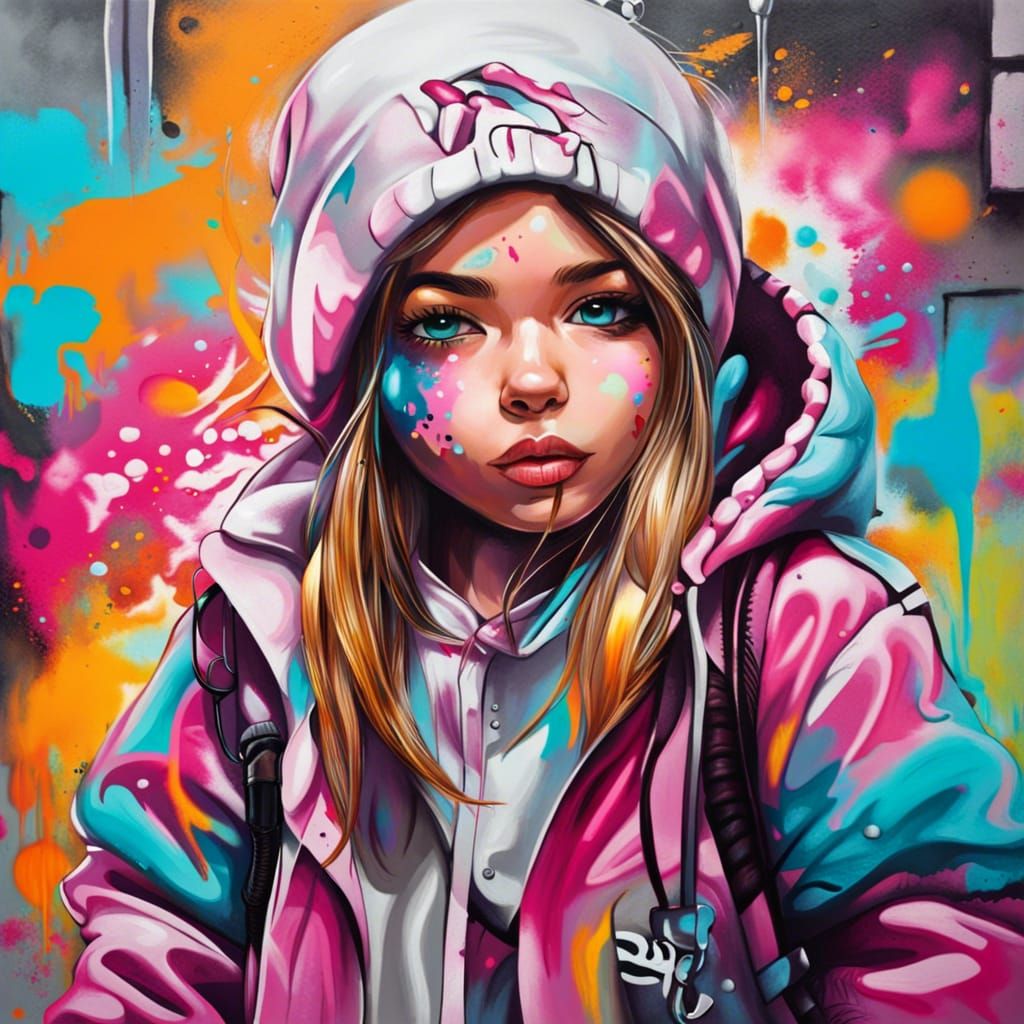 Cute Girl in Colorful Graffiti Street Art
