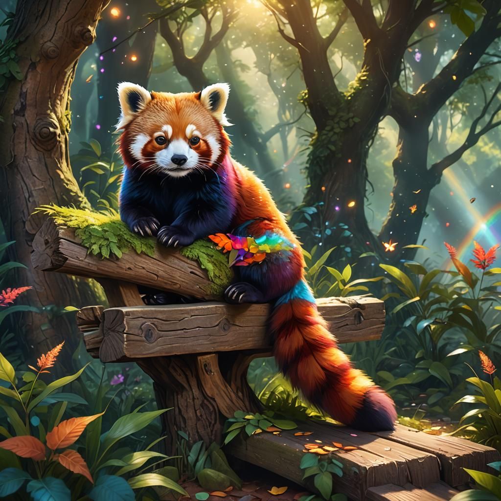 Rainbow Red Panda Sleeping in Magical Forest