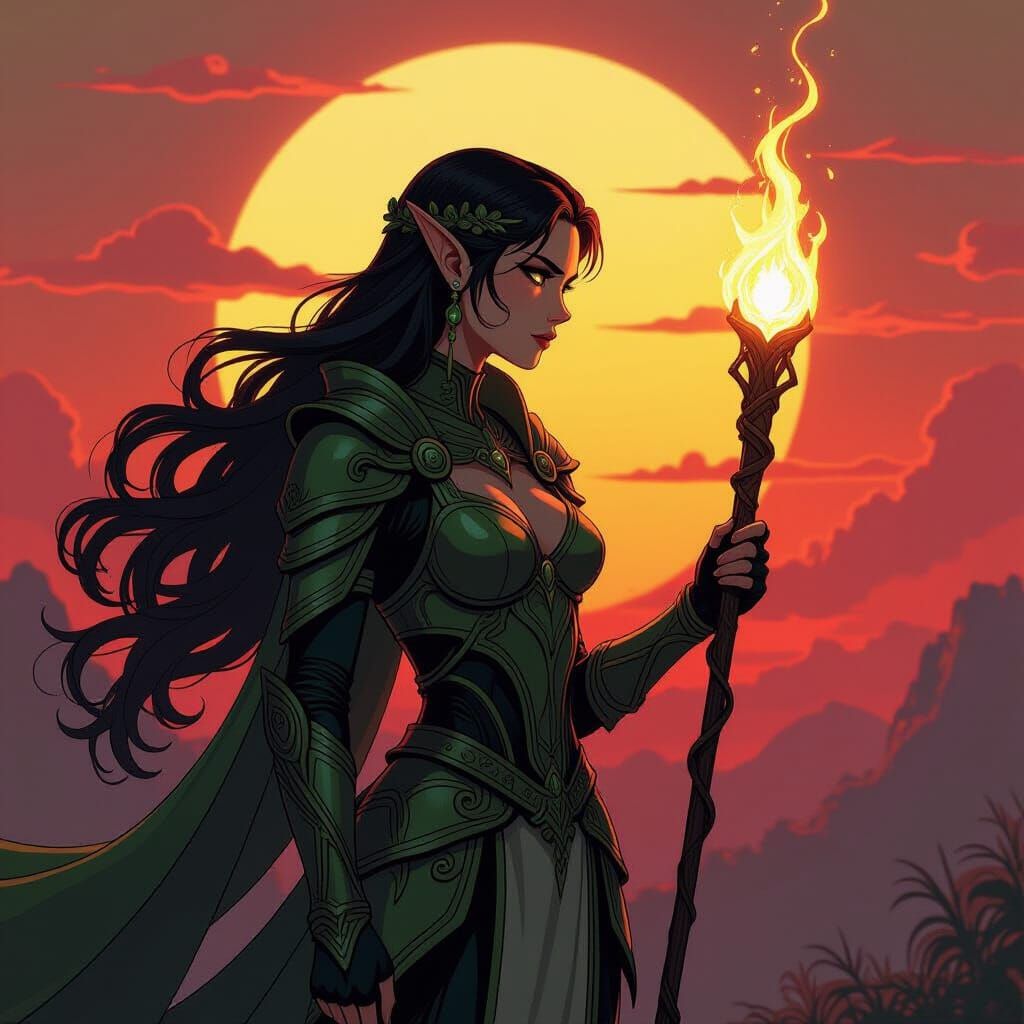 Elven Warrior Silhouette in Art Nouveau Style