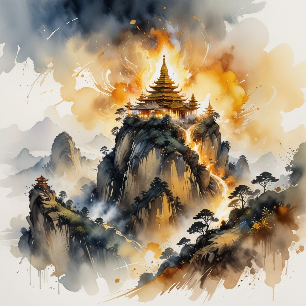 Golden Rock Pagoda at Mount Kyaiktiyo: Watercolor