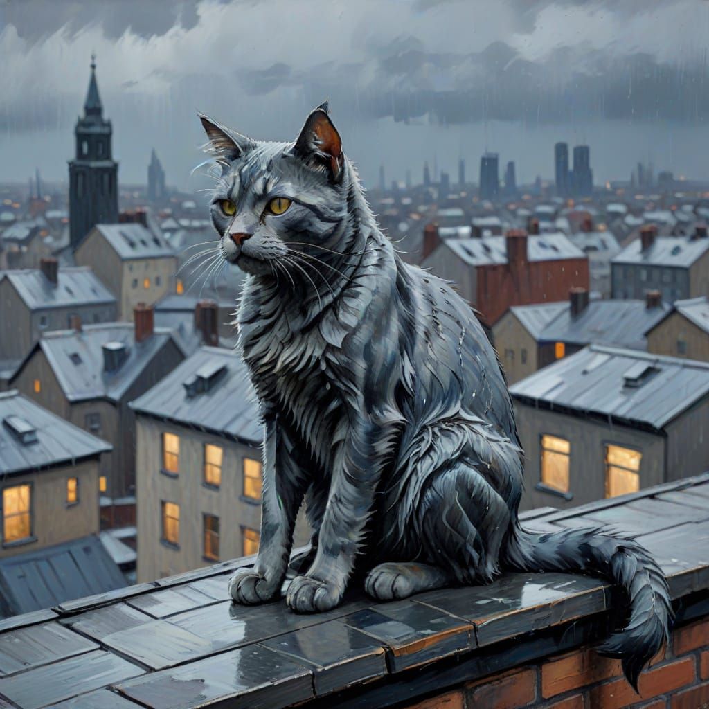 Melancholic Cat in Expressionist Urban Landscape