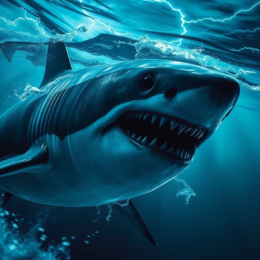 Great White Shark Mid-Lunge in Bioluminescent Ocean