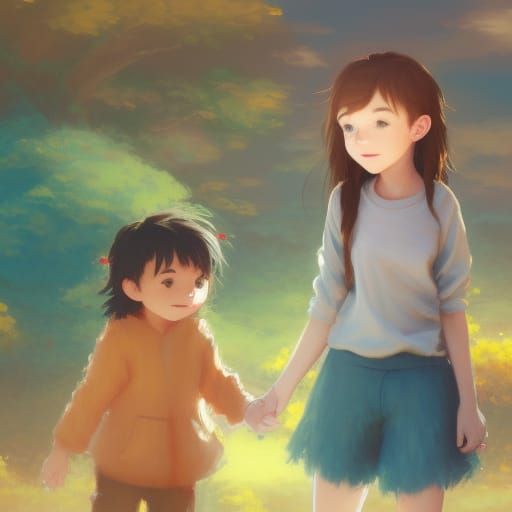 Adorable Monster Holding Hands With Girl, Ghibli Style