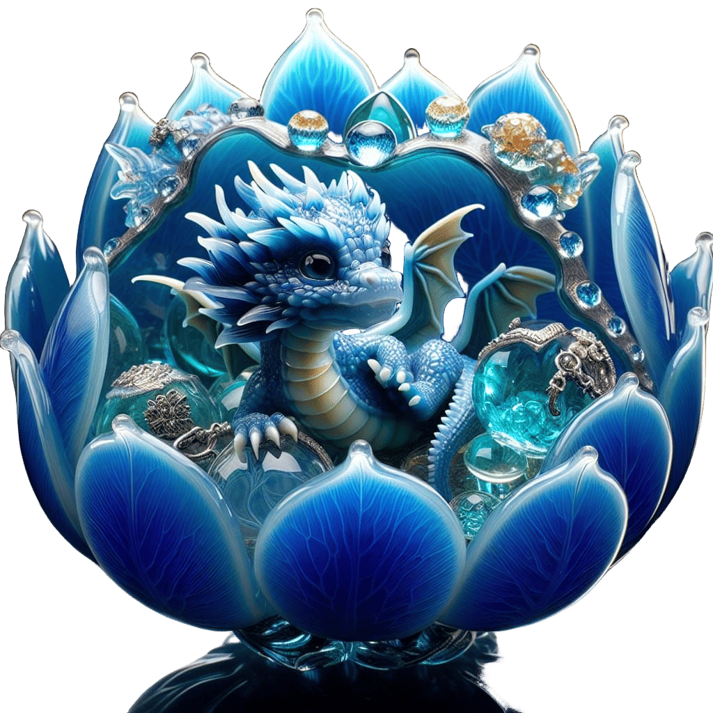 Miniature Dragon in Glass Flower with Jewels