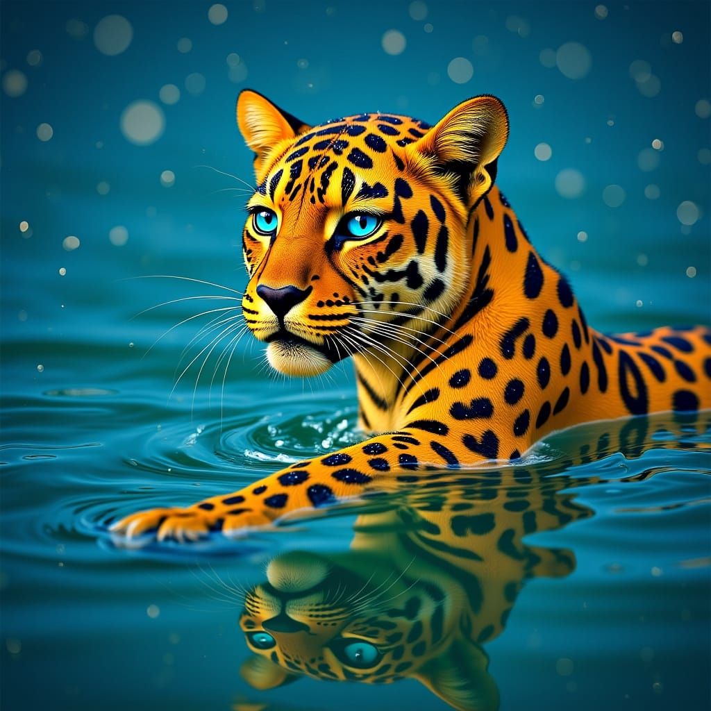 Leopard Emerging from Water, Refracting Light
