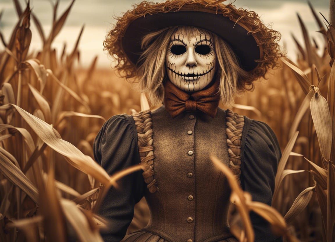 Hyperrealistic Scarecrow Woman in Autumn Cornfield