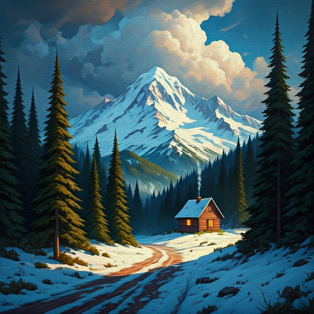 Snowy Cabin in Cascade Mountains, Impressionist Oil Painting