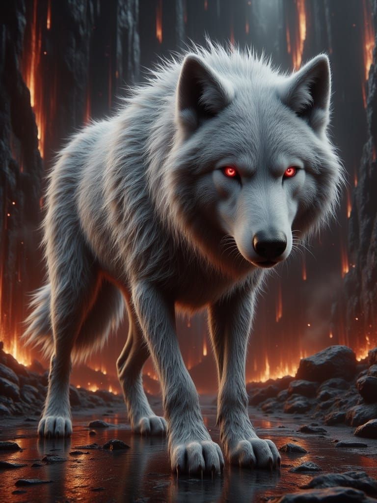 White Wolf with Hellhound Eyes in Fiery Landscape