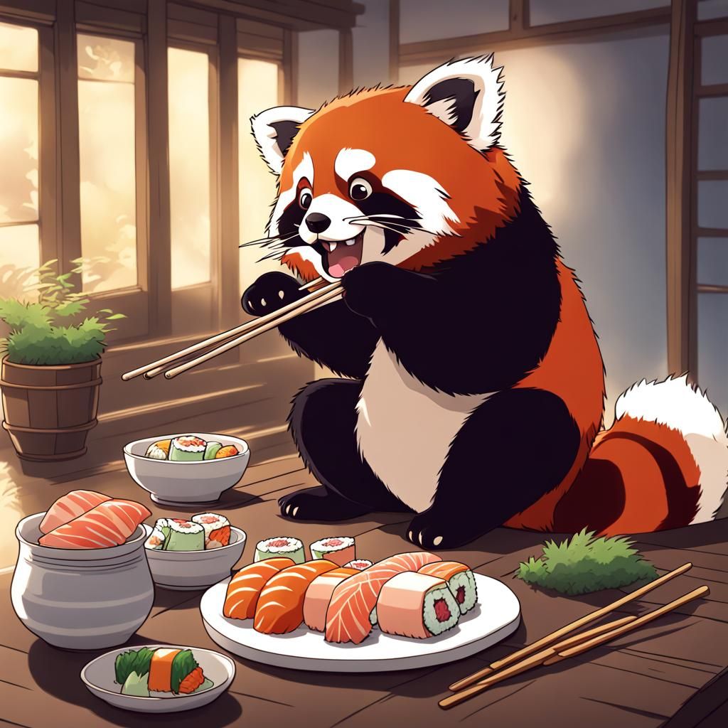 Cute Red Panda Eats Sushi: Ghibli Anime Style