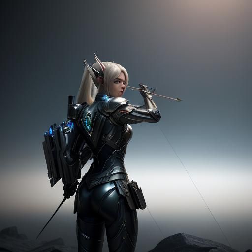 Elf Archer in Metallic Suit, Hyper-Realistic Digital Art