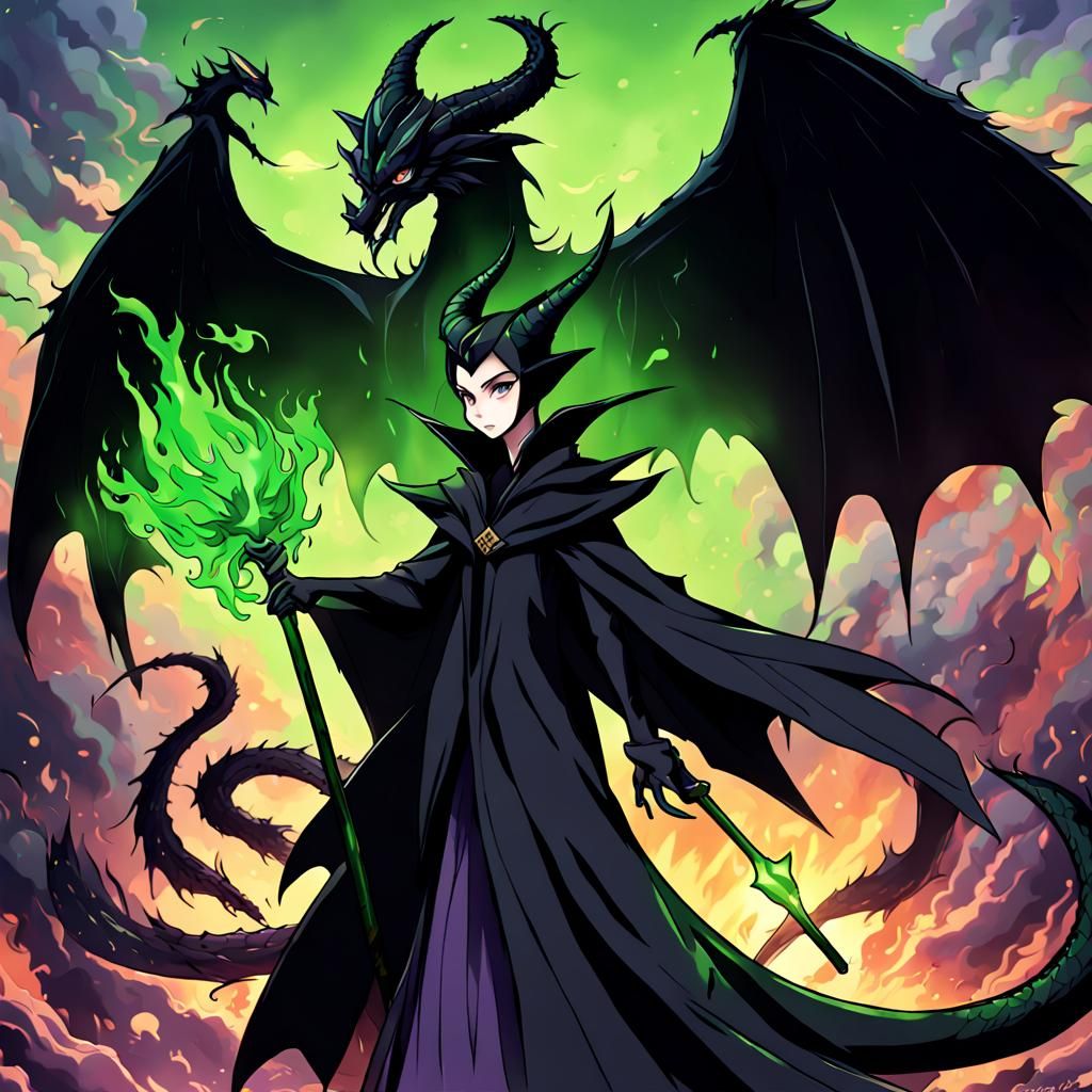Maleficent Portrait with Dragon in Anime Style