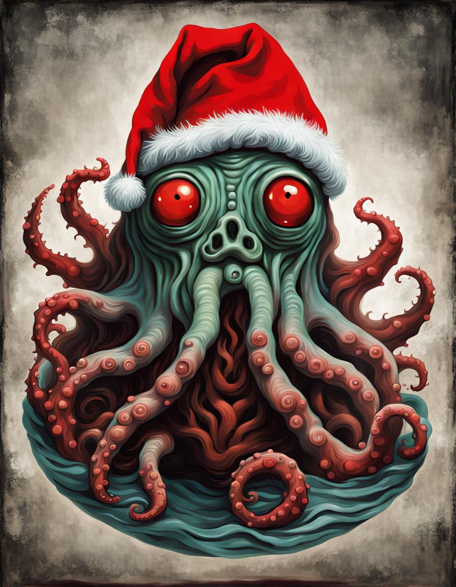 Picasso lovecraftian shoggoth wearing small red santa hat ph...