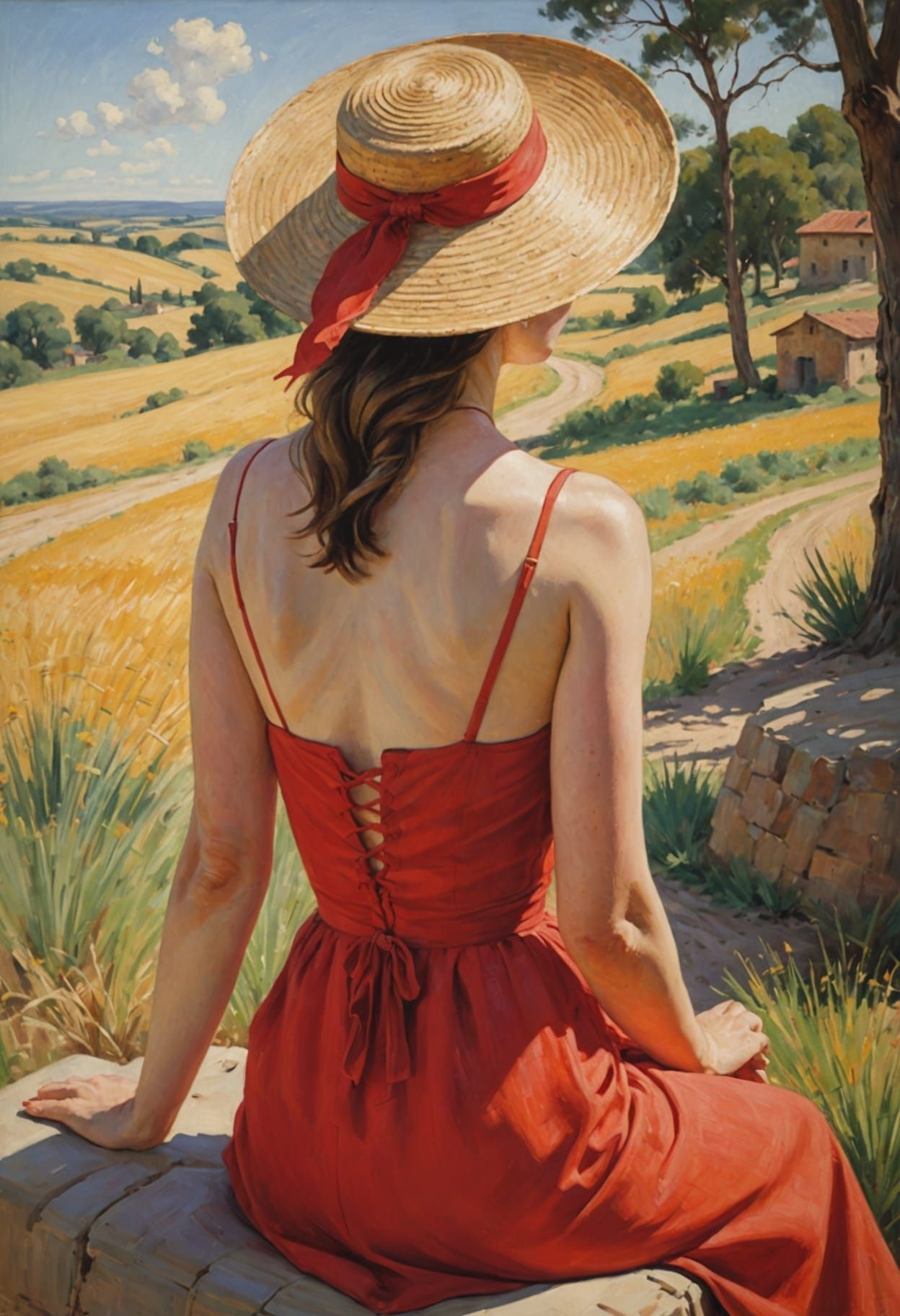 Woman in Red Dress by the Sea: Oil Painting