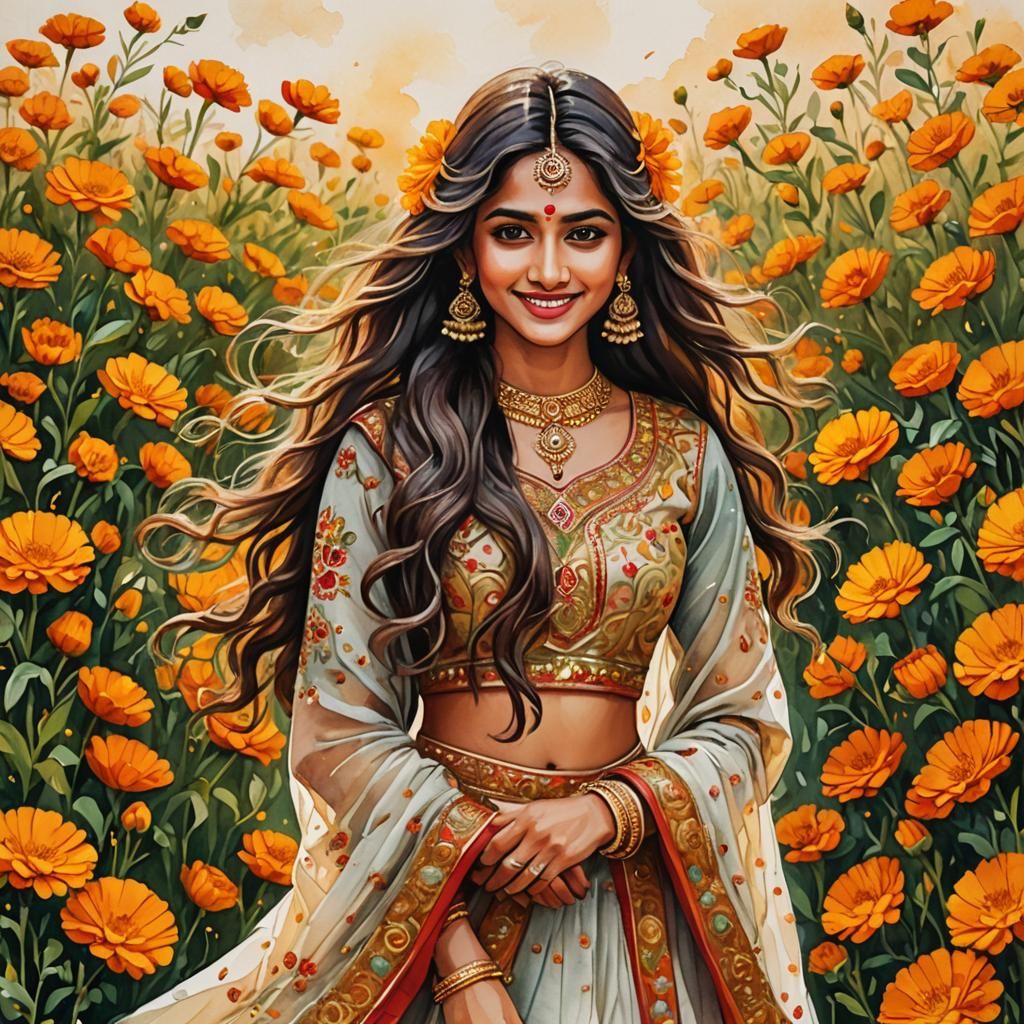 Beautiful Indian Girl in Marigold Field, Watercolor