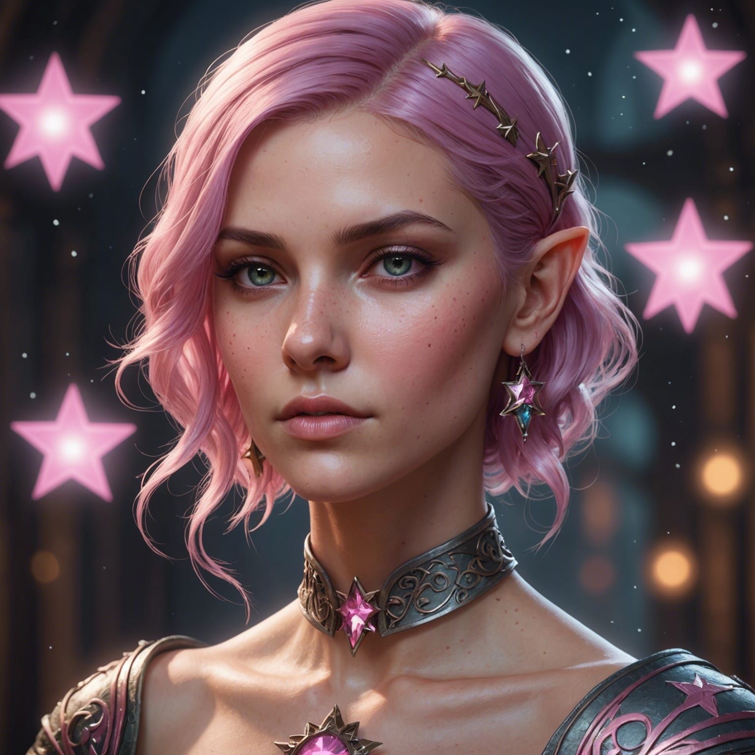 Pink Elf with Star Tattoos in Detailed Portrait
