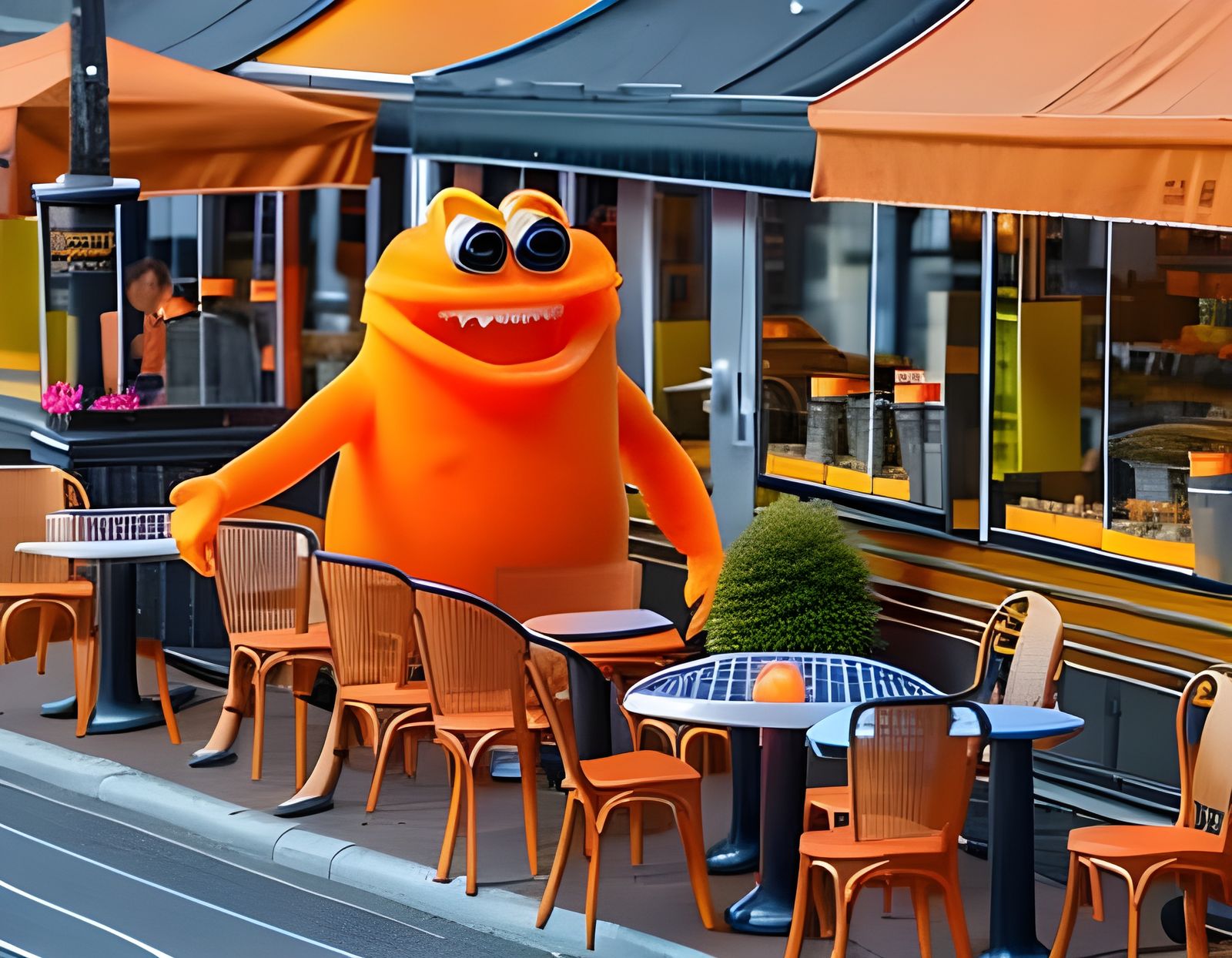 Happy Jelly Monster at Cafe in Aerial 8K View