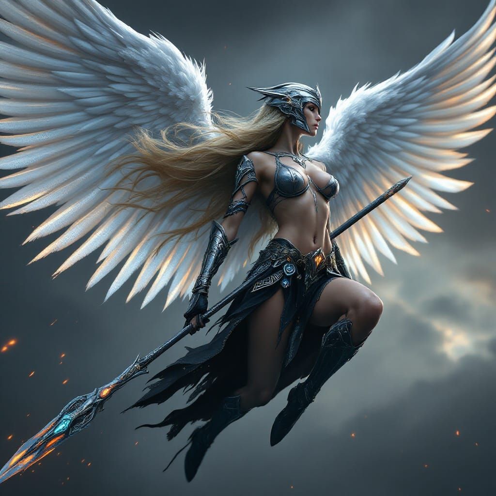 Valkyrae Warrior with Silver Wings in Flight