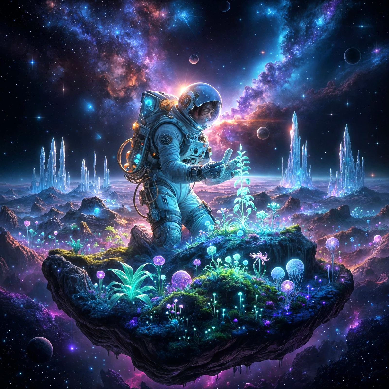 Botanist on Asteroid with Bioluminescent Flora