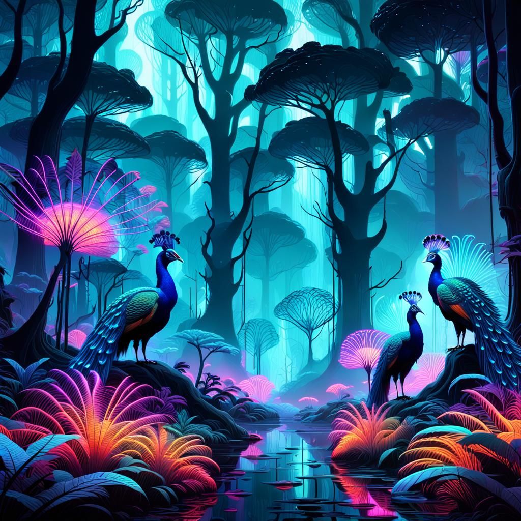 Mystical Neo-Noir Forest Filled with Glowing Peacocks