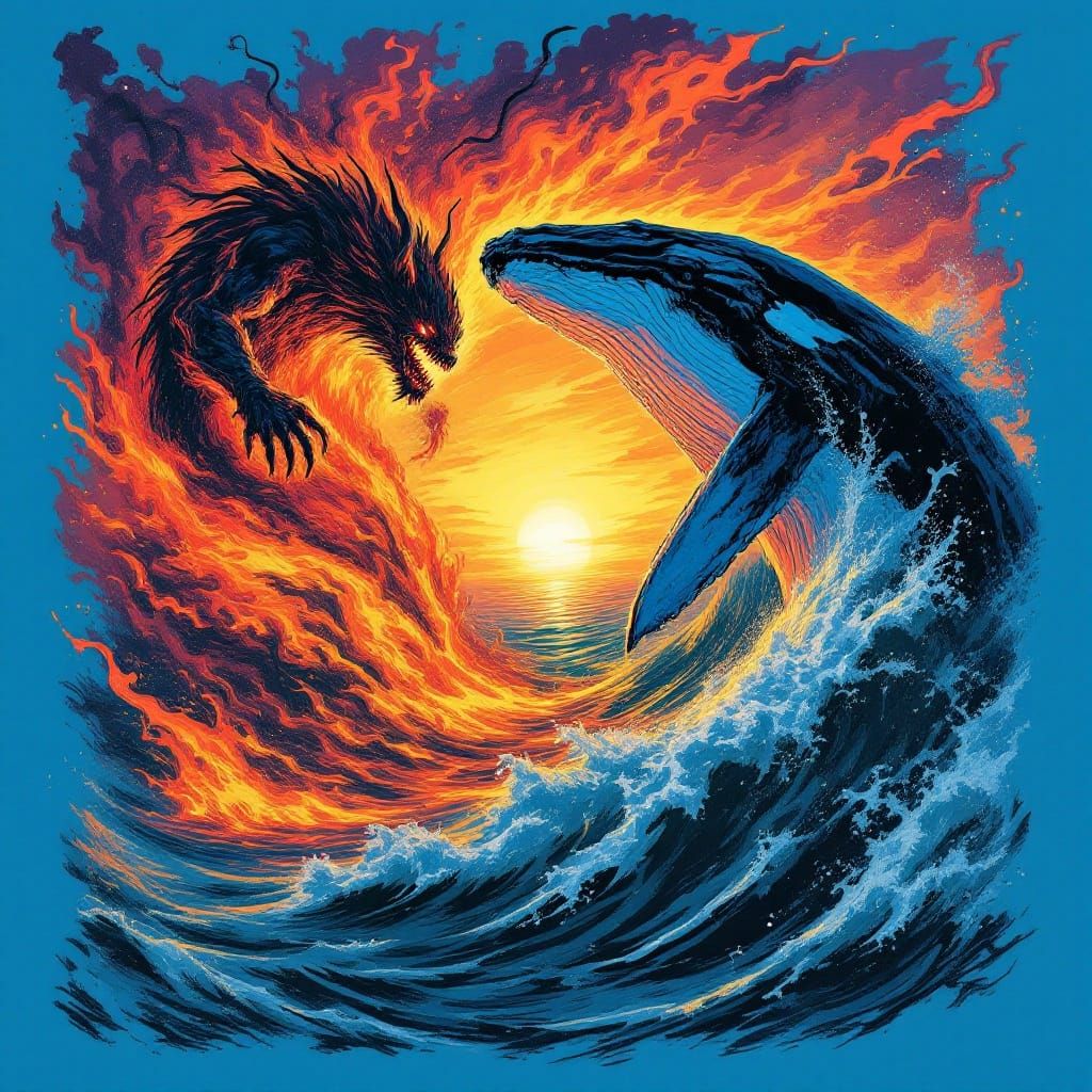 Epic Whale vs Fire Demon Battle on Vibrant Mambo T-Shirt