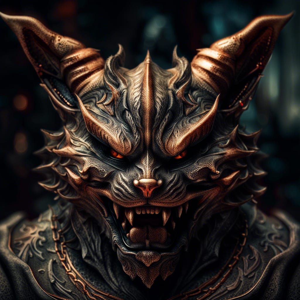 Sinister Demon Cat with Horns Grinning