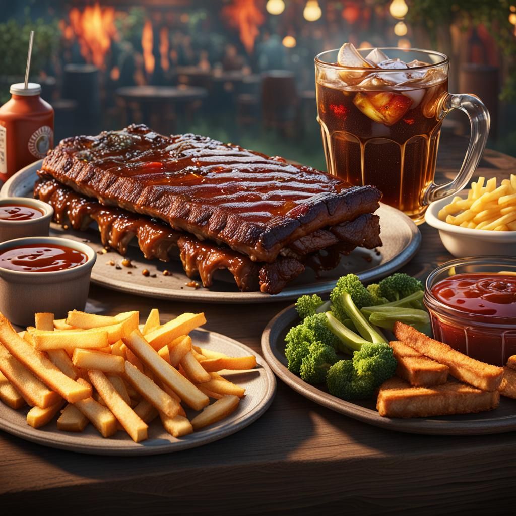 BBQ Rib Platter with Fries, Vegetables, and Tea