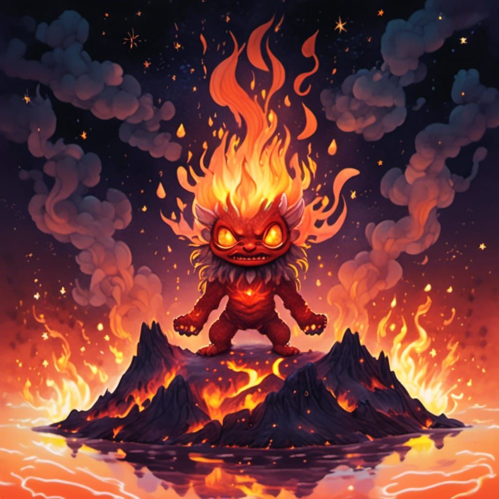 Adorable Chibi Fire Demon on Volcano, Watercolor Art