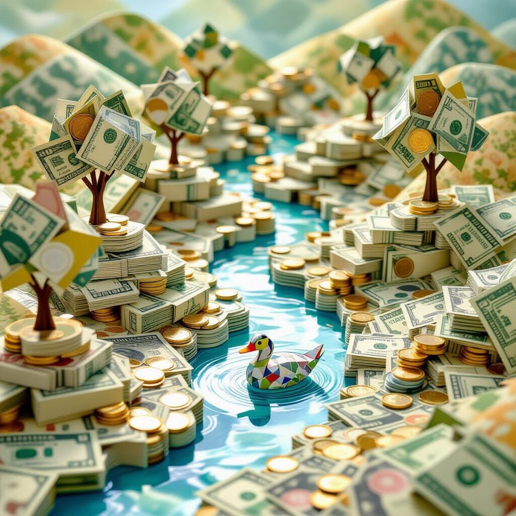 Whimsical Paper Money Landscape with Origami Duck