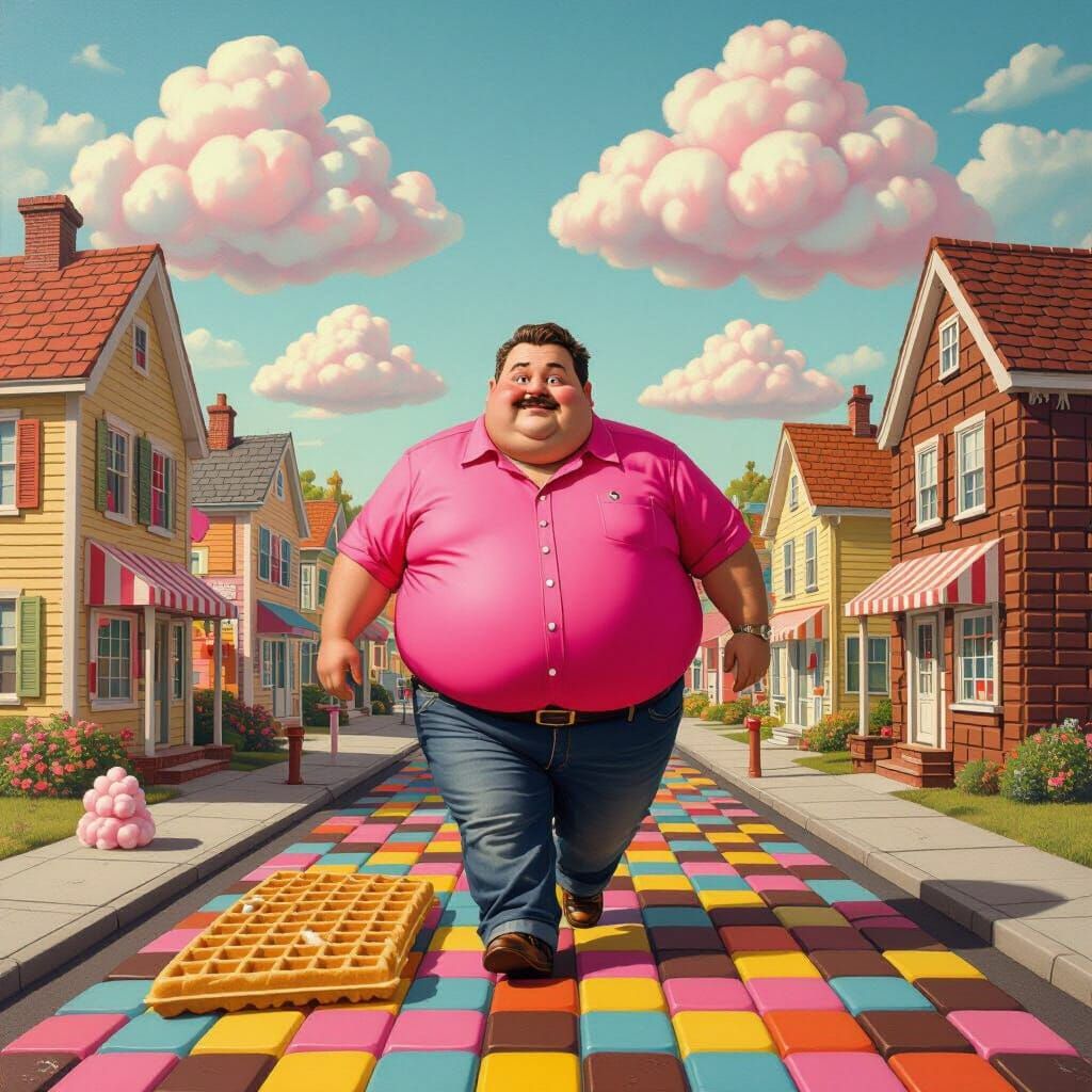 Whimsical Candy Street Scene with Pink Shirt