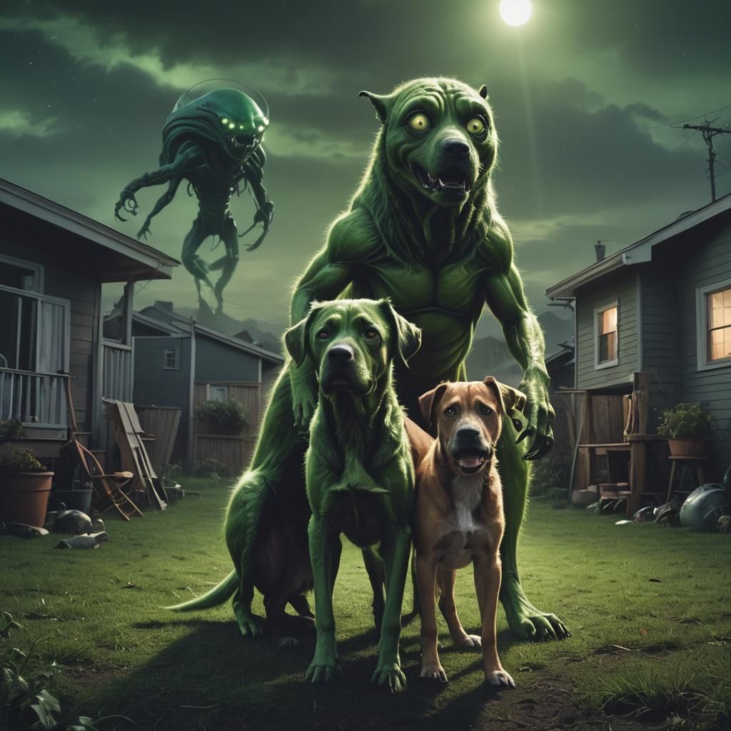 Alien Invasion: Giant Green Dog Threatens Man and Dog