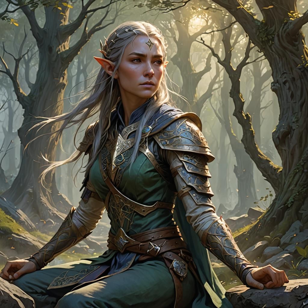A female half-Elven bladesinger meditates on the battle to come.