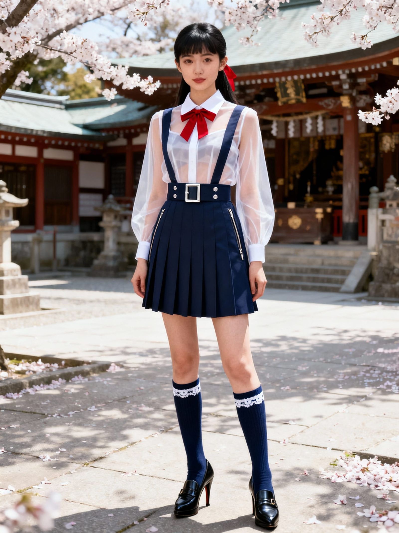 Kaori in Japanese School Uniform at Shrine with Cherry Bloss...