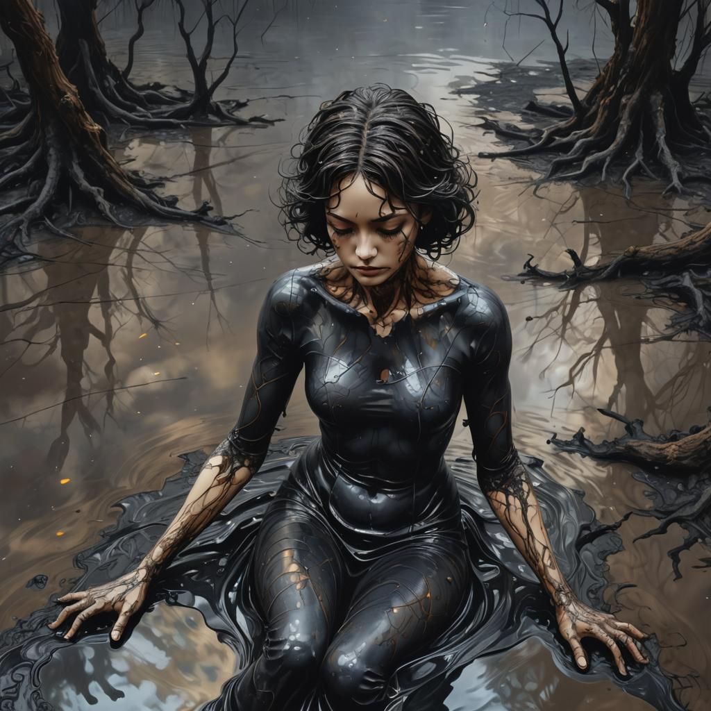 Battle Angel Submerged in Tar: Oil Painting