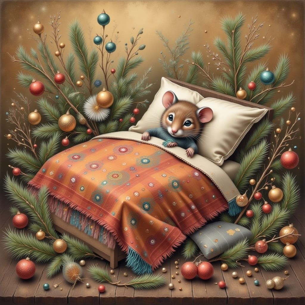 Whimsical Mouse in Cozy Bed with Spruce Branches