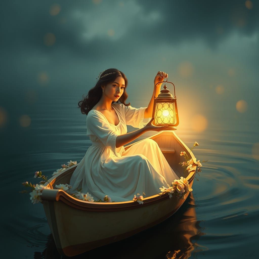 Woman in Flower Canoe with Ethereal Lantern Light