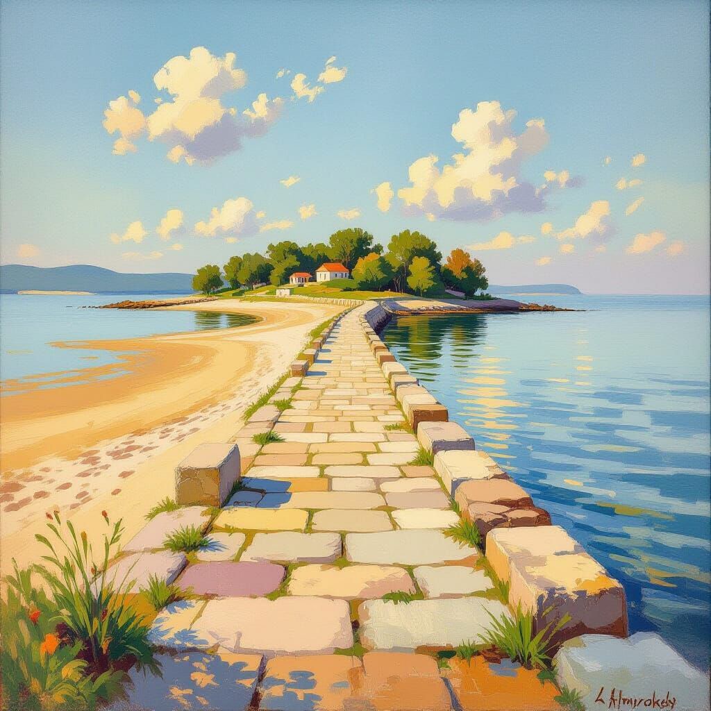 Idyllic Island Harbor in the Style of Landscape Art