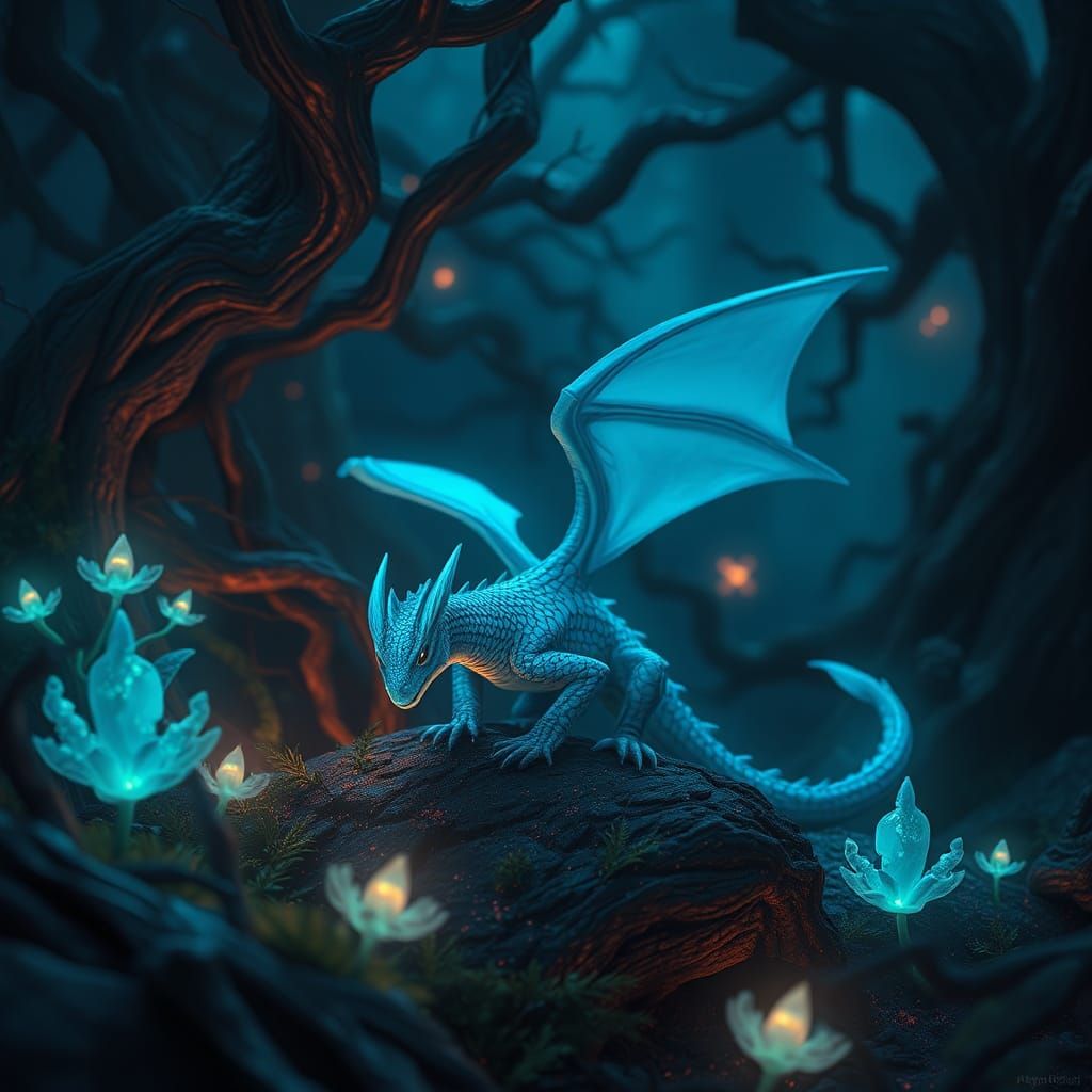 Iridescent Blue Dragon in Eerie Fantasy Landscape
