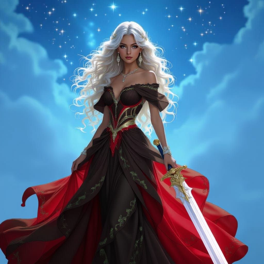 Fantasy Warrior Woman with White Hair and Peacock Dress