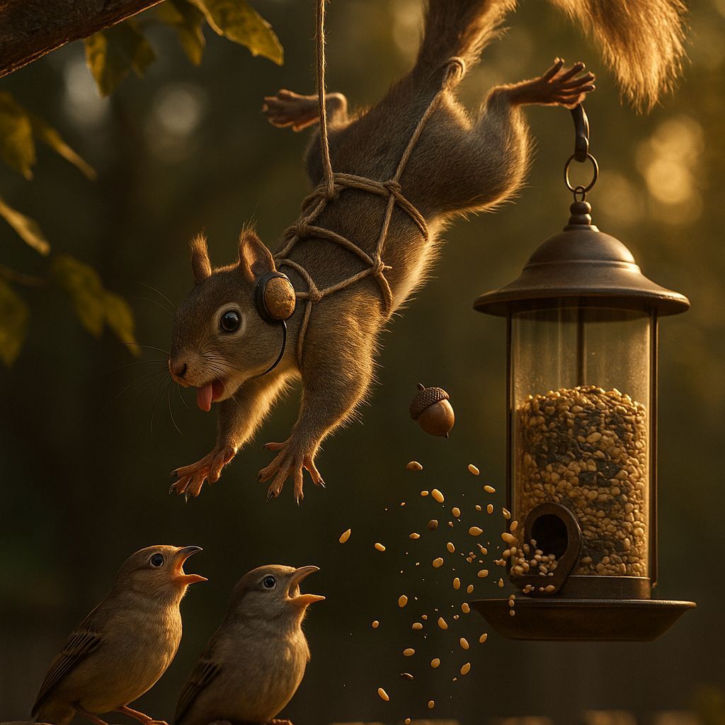 Squirrel's Daring Bird Feeder Heist in Cinematic Style