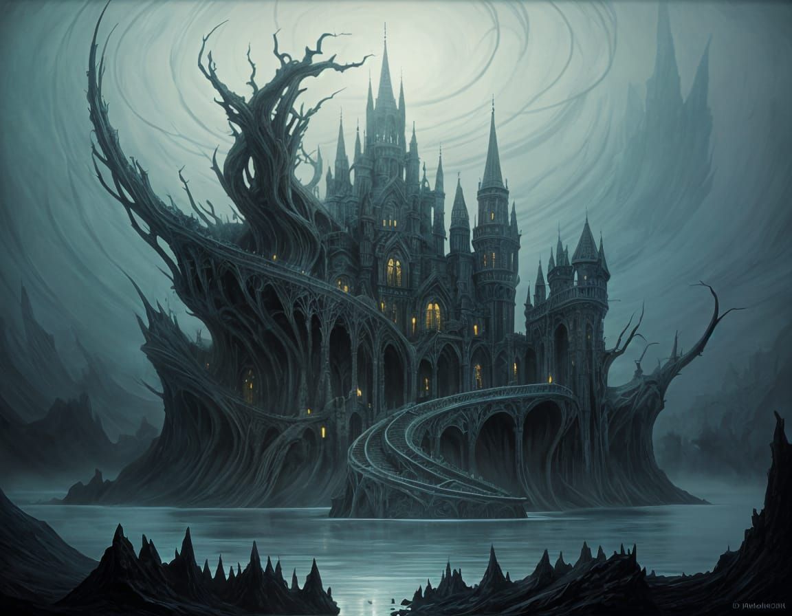 Surreal Lake with Gothic Castle, Dark Fantasy Art