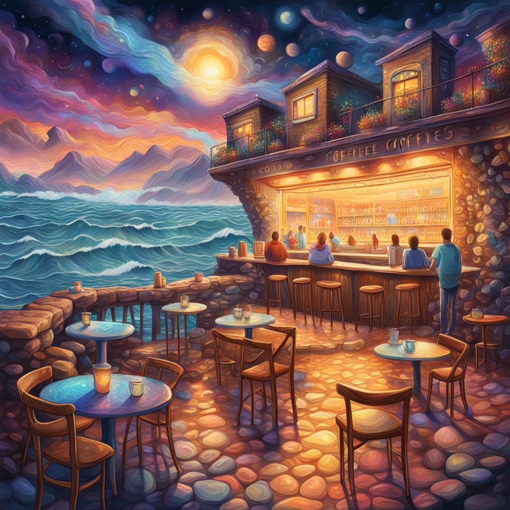 Cosmic Coffee Shop on Stone Pier: Surreal Illustration
