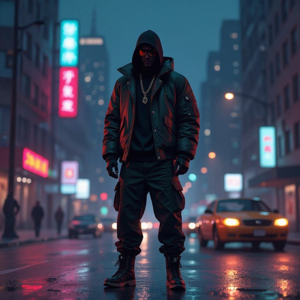 GTA Character in Neon Liberty City, Retro-Futuristic Art
