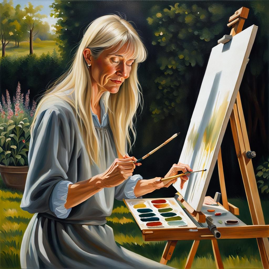 Woman Painting in Sunlit Garden: Oil on Canvas